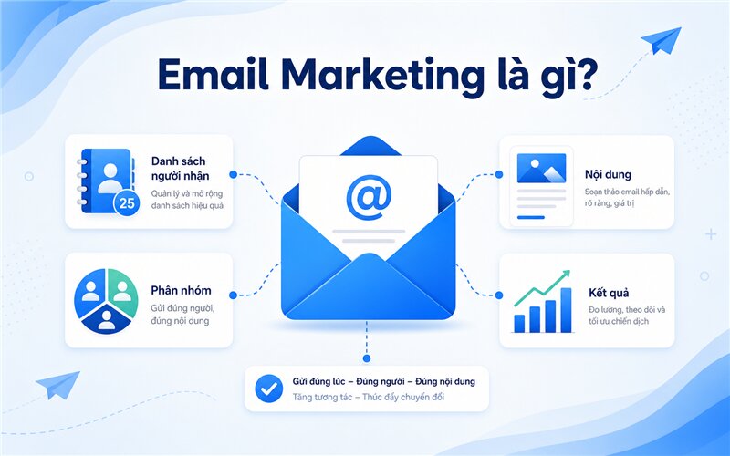 Email Marketing là một hình thức Digital Marketing (tiếp thị số) sử dụng email để thu hút, tương tác và duy trì liên lạc với khách hàng tiềm năng hoặc khách hàng hiện tại