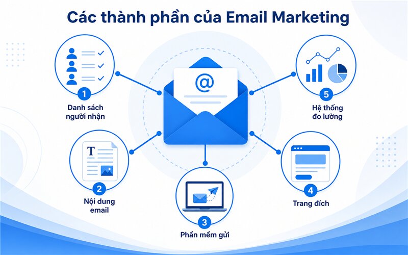 Thành phần email marketing gồm danh sách người nhận, nội dung, đo lường...