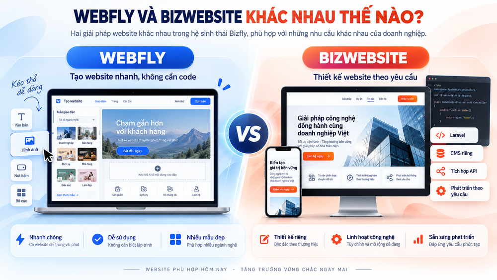 Webfly và BizWebsite cùng thuộc hệ sinh thái Bizfly nhưng được phát triển cho những nhu cầu website khác nhau.