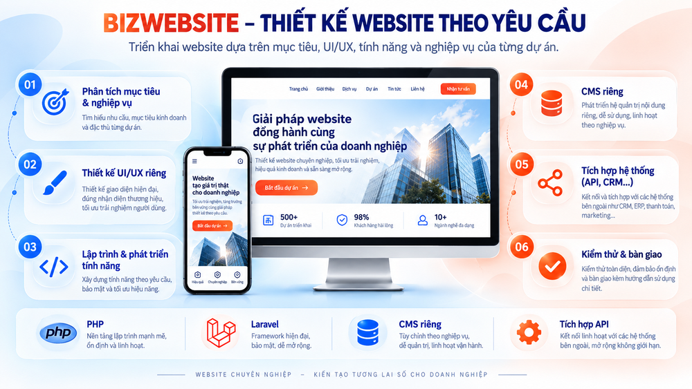 BizWebsite triển khai website dựa trên mục tiêu, UI/UX, tính năng, tích hợp và nghiệp vụ của từng dự án.