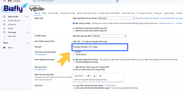Bước 2: Trong mục “Hoàn tác gửi” chọn thời gian có thể hoàn tác Email