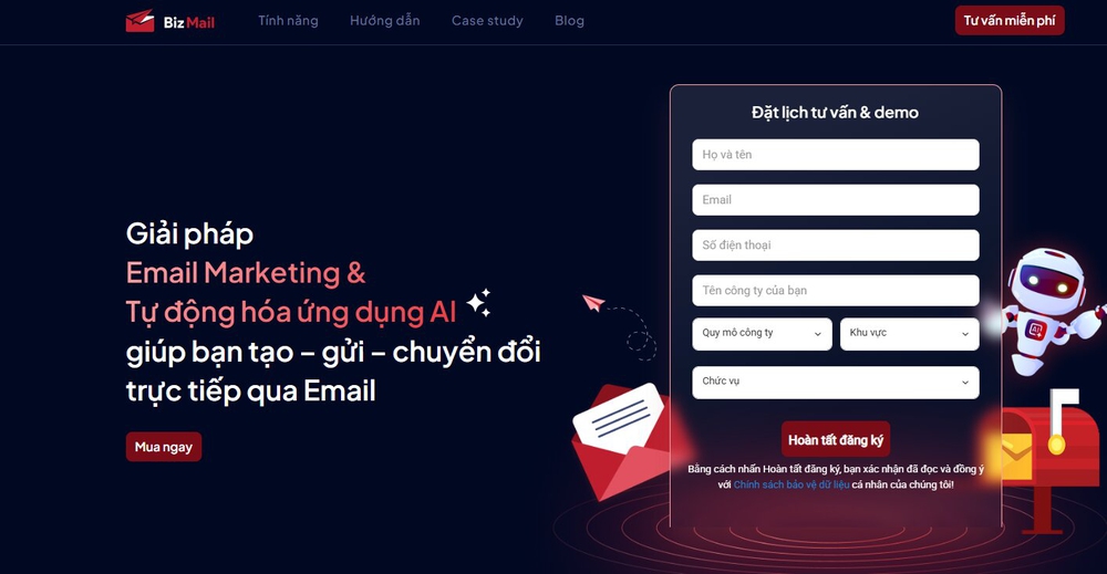 Form thu thập email khách hàng liên hệ tư vấn sản phẩm BizMail email marketing