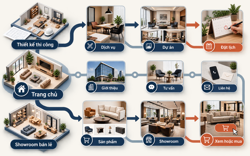 Cấu trúc trang cần thay đổi theo mô hình kinh doanh và hành động chính mà doanh nghiệp muốn khách hàng thực hiện.