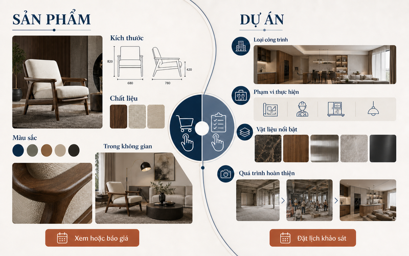 Trang sản phẩm hỗ trợ lựa chọn, còn hồ sơ dự án giúp khách hàng đánh giá năng lực triển khai thực tế.