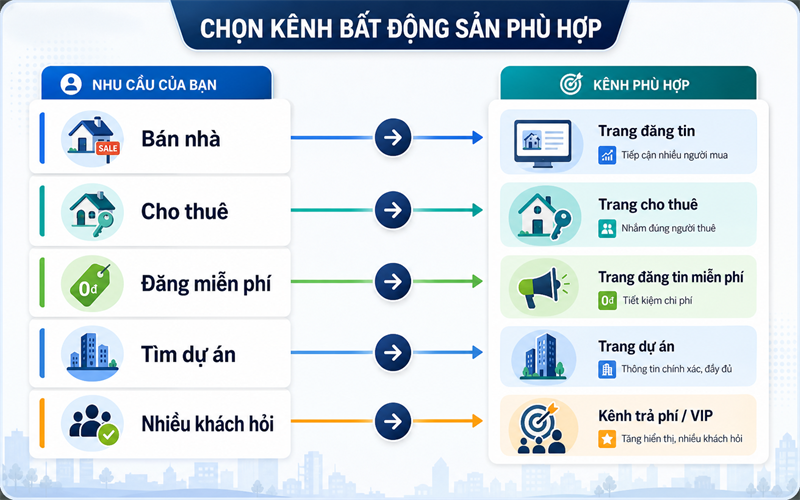Mỗi nhu cầu đăng tin hoặc tìm kiếm bất động sản nên ưu tiên nhóm website khác nhau.