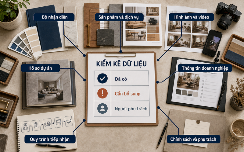Kiểm kê dữ liệu theo tình trạng và người phụ trách giúp hạn chế thay đổi bố cục muộn trong quá trình thiết kế.