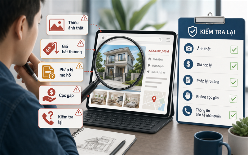 Người mua và người thuê nên kiểm tra ảnh, giá, pháp lý và yêu cầu đặt cọc trước khi giao dịch.