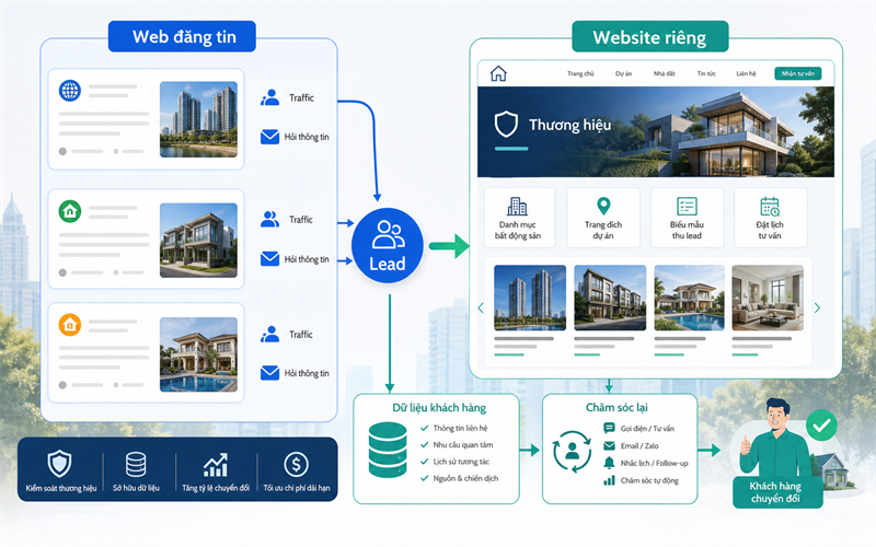 Website riêng giúp môi giới và doanh nghiệp bất động sản kiểm soát thương hiệu, dữ liệu khách hàng và quy trình chăm sóc lead.
