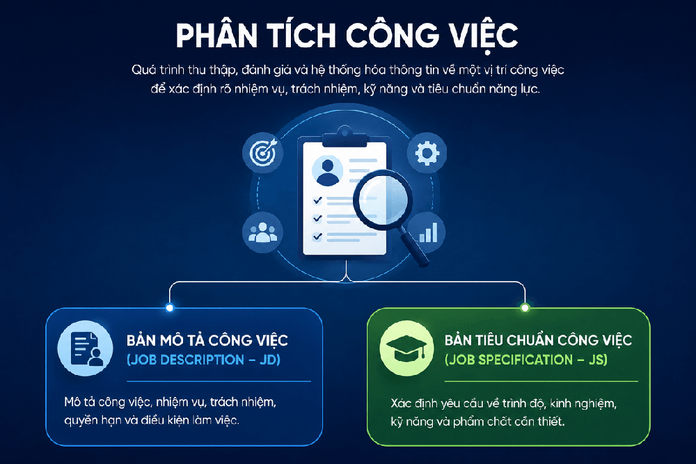 Phân tích công việc bao gồm 2 thành phần chính là mô tả công việc và tiêu chuẩn công việc
