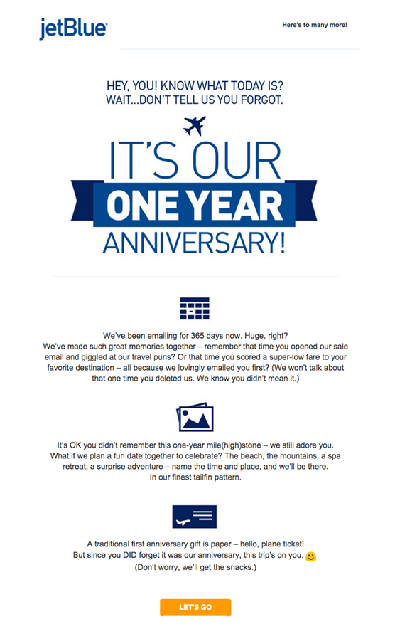 JetBlue với email kỉ niệm một năm thương hiệu gắn kết với khách hàng
