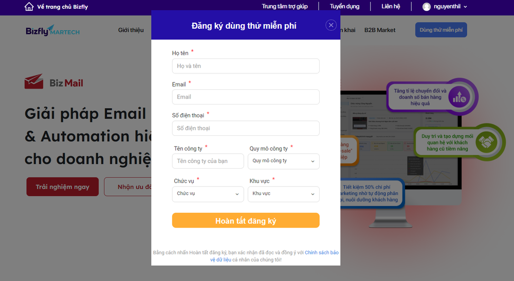 Form popup thu thập email khách hàng khi khách hàng chuẩn bị rời trang