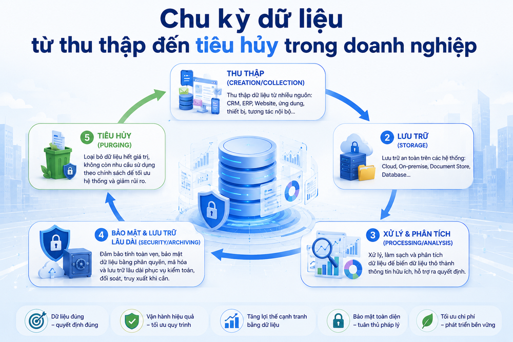 Chu kỳ dữ liệu từ thu thập đến tiêu hủy trong doanh nghiệp