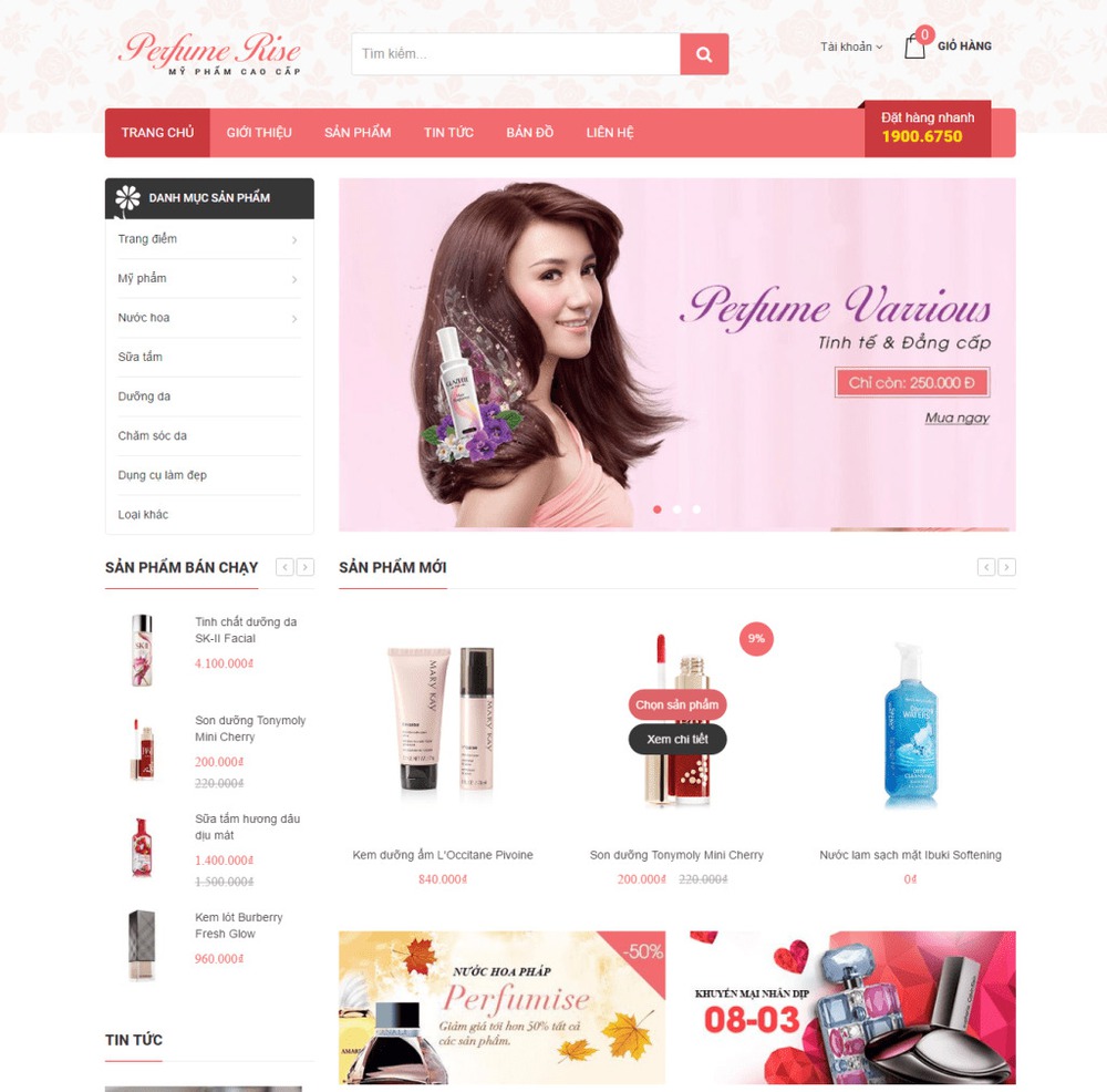 Mẫu thiết kế website mỹ phẩm, sản phẩm chăm sóc da Perfume Rise