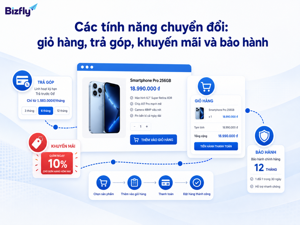 Các tính năng chuyển đổi: giỏ hàng, trả góp, khuyến mãi và bảo hành