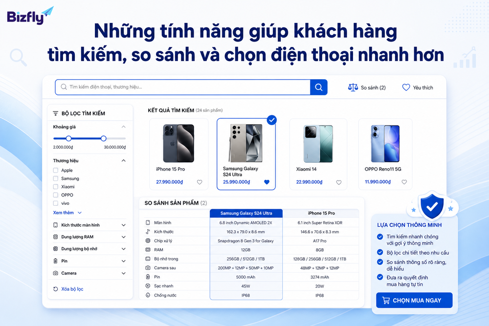 Những tính năng giúp khách hàng tìm kiếm, so sánh và chọn điện thoại nhanh hơn