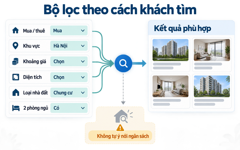 Bộ lọc nên phản ánh cách khách tìm nhà đất và không tự ý nới điều kiện khi không có kết quả.