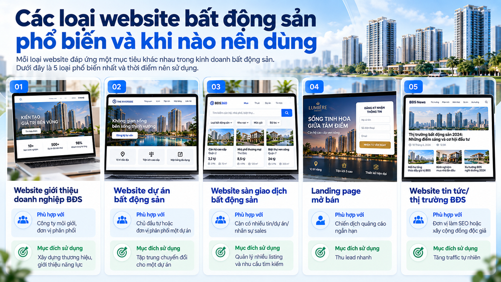 Các loại website bất động sản phổ biến và khi nào nên dùng
