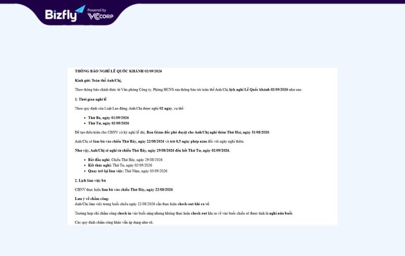 mau email thong bao nghi le 2/9/2026 toi noi bo nhan vien doanh nghiep