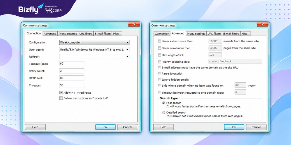 Cài đặt crawler, proxy và chế độ tìm kiếm trong Atomic Email Hunter