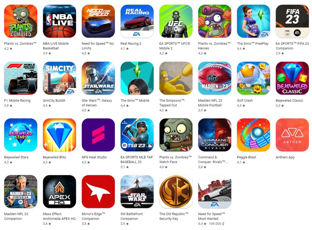 Ví dụ về app icon của nhà phát triển game Electronic Arts (EA)