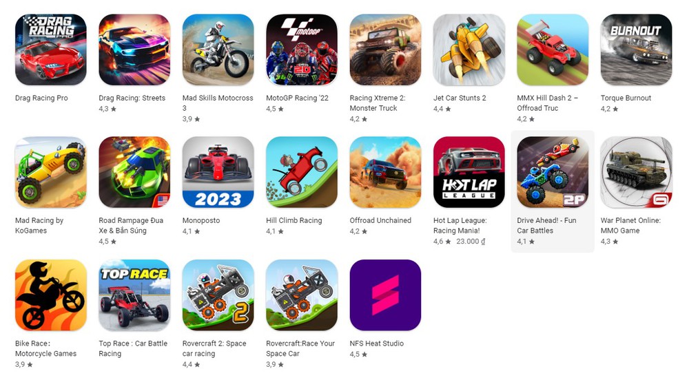 Đảm bảo truyền đạt đầy đủ ý nghĩa của ứng dụng trong app icon (Ví dụ về một số tựa game đua xe trên Google Play)