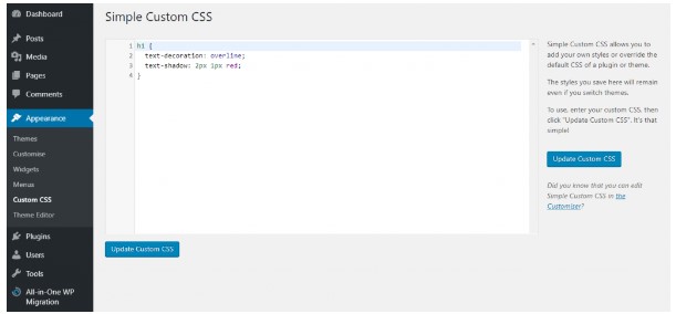 Simple Custom CSS được sử dụng tương tự như chỉnh sửa tệp style.css