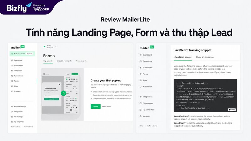 Giao diện tạo Form, Landing Page và thu thập Lead trên MailerLite.