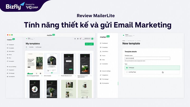 Giao diện tính năng thiết kế mẫu và gửi Email Marketing trên MailerLite.