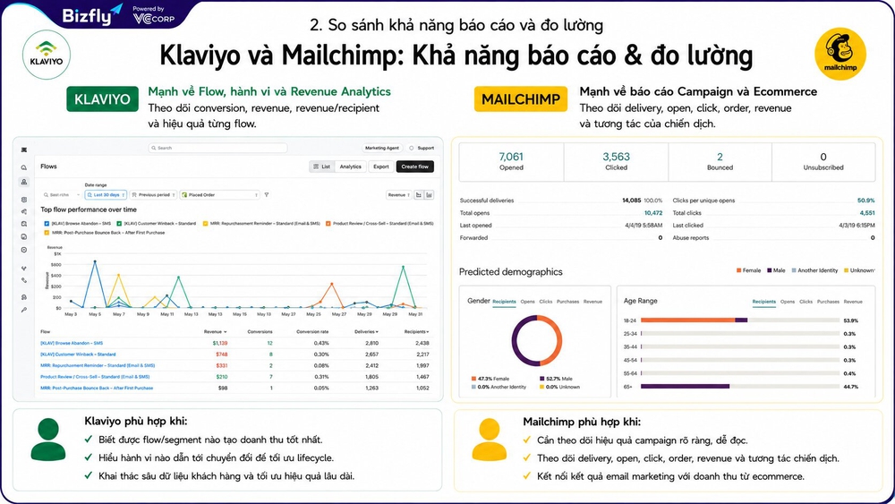 So sánh Klaviyo và Mailchimp về khả năng báo cáo và đo lường Email Marketing