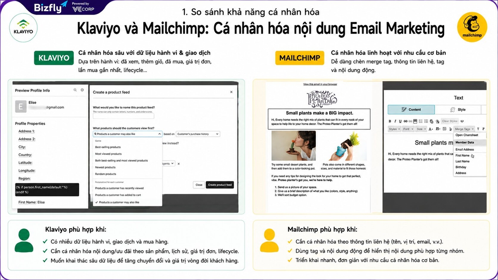 So sánh Klaviyo và Mailchimp về khả năng cá nhân hóa Email Marketing