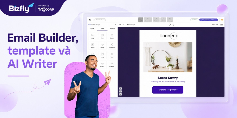 Giao diện Email Builder, template và AI Writer của Moosend Email Marketing