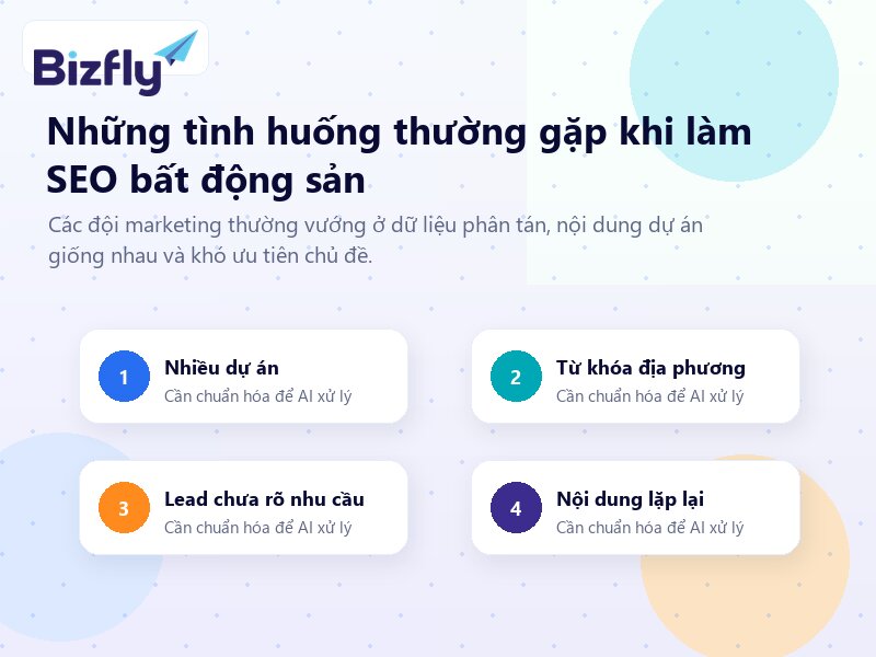 Các tình huống SEO bất động sản thường bắt đầu từ keyword dự án, khu vực, FAQ, nội dung hỗ trợ sales và khoảng trống so với đối thủ.