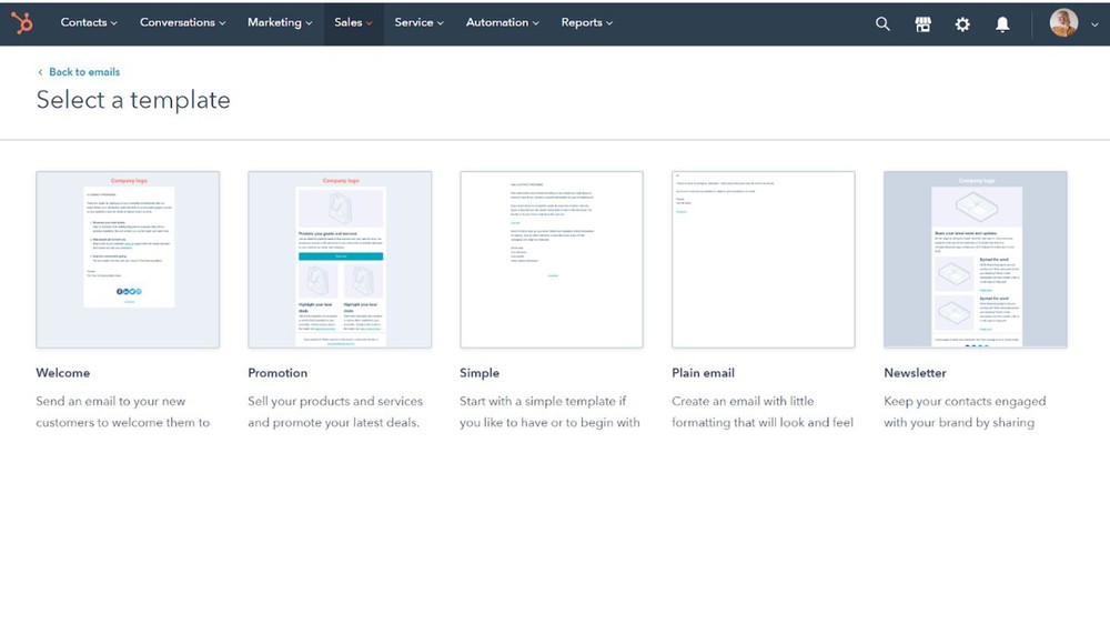 Các tùy chọn mẫu email marketing có sẵn của HubSpot