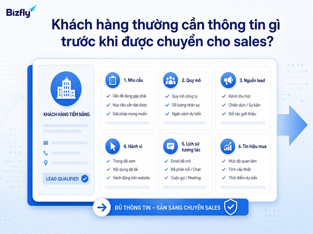 Lead cần đủ thông tin về nhu cầu, quy mô, nguồn, hành vi và tín hiệu mua trước khi chuyển sales.