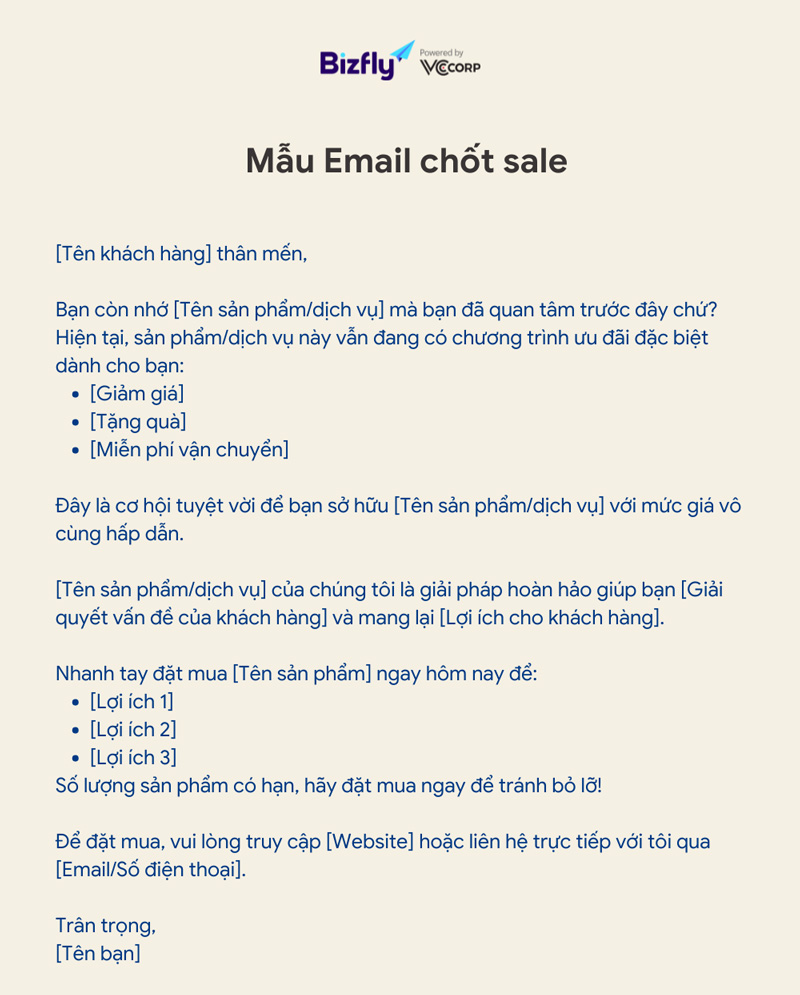 Mẫu email marketing chốt sale, giới thiệu sản phẩm/dịch vụ