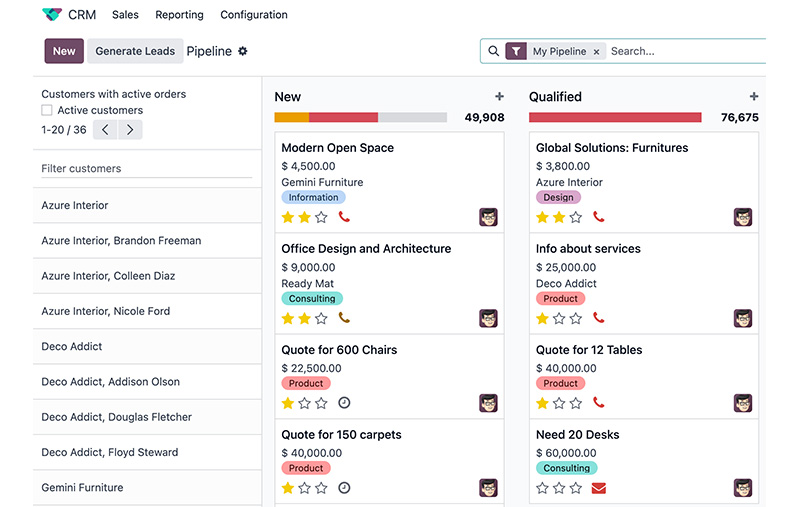 Odoo CRM pipeline kanban quản lý cơ hội bán hàng