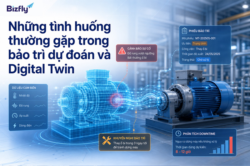 Digital Twin giúp mô phỏng trạng thái thiết bị và hỗ trợ phát hiện bất thường trong nhà máy.